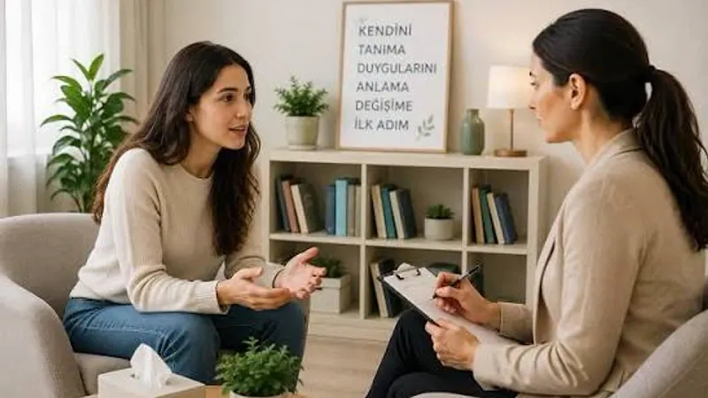 Sıcak ve sakin bir terapi odasında iki kişinin yaptığı görüşmeyi temsil eden görsel