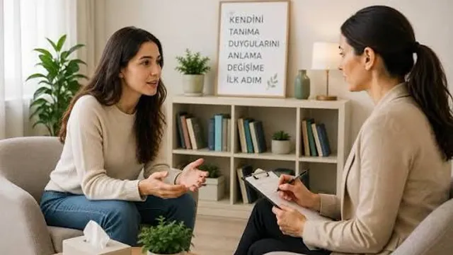 Psikoterapi Nedir? Nasıl İşler, Hangi Yaklaşımlar Var? konulu görsel: sıcak bir terapi odasında iki kadın konuşuyor